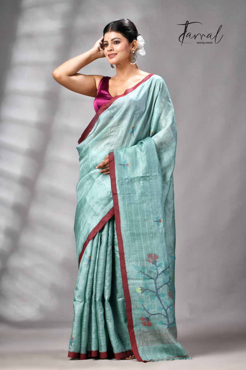 Teal Blue Colour Pure Tussar Silk Handwoven Needle Work Jamdani Saree