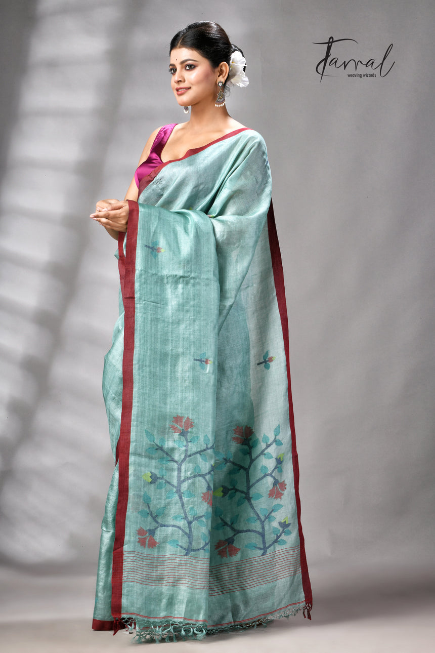 Teal Blue Colour Pure Tussar Silk Handwoven Needle Work Jamdani Saree