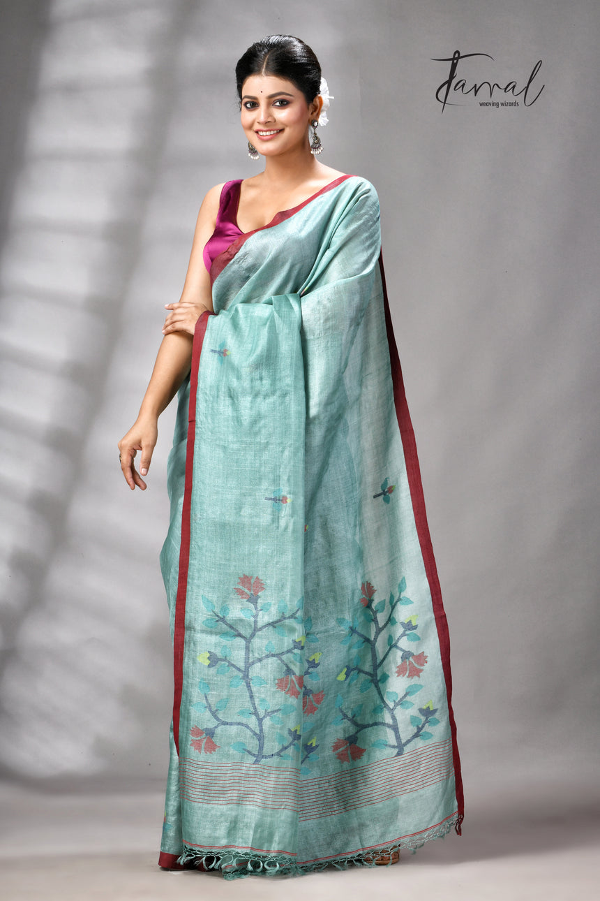 Teal Blue Colour Pure Tussar Silk Handwoven Needle Work Jamdani Saree