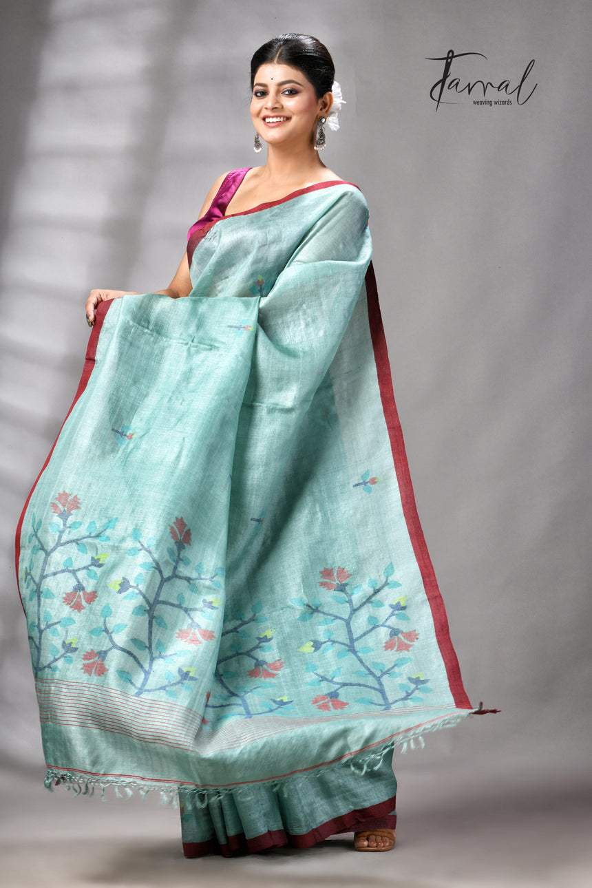 Teal Blue Colour Pure Tussar Silk Handwoven Needle Work Jamdani Saree