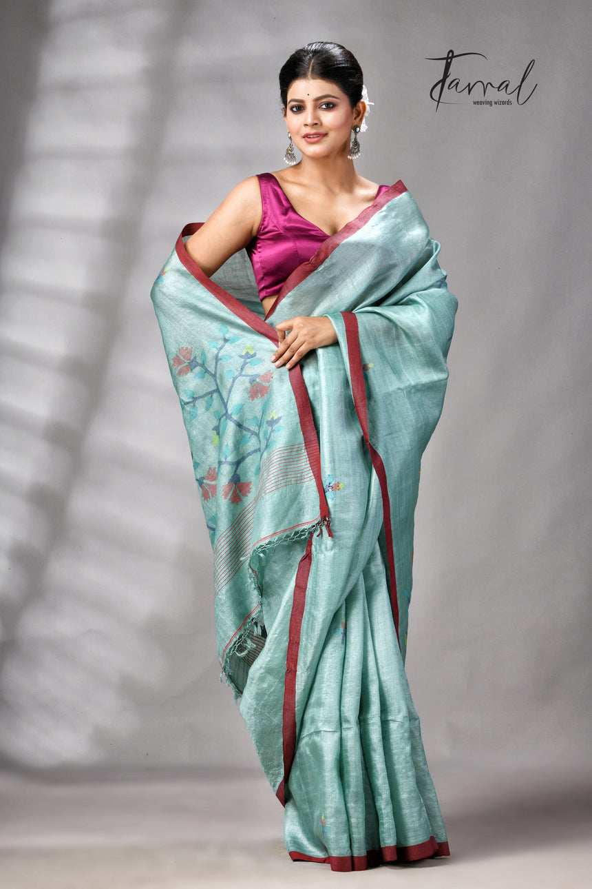 Teal Blue Colour Pure Tussar Silk Handwoven Needle Work Jamdani Saree