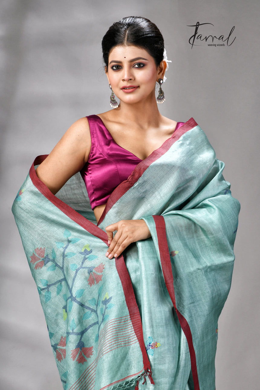 Teal Blue Colour Pure Tussar Silk Handwoven Needle Work Jamdani Saree