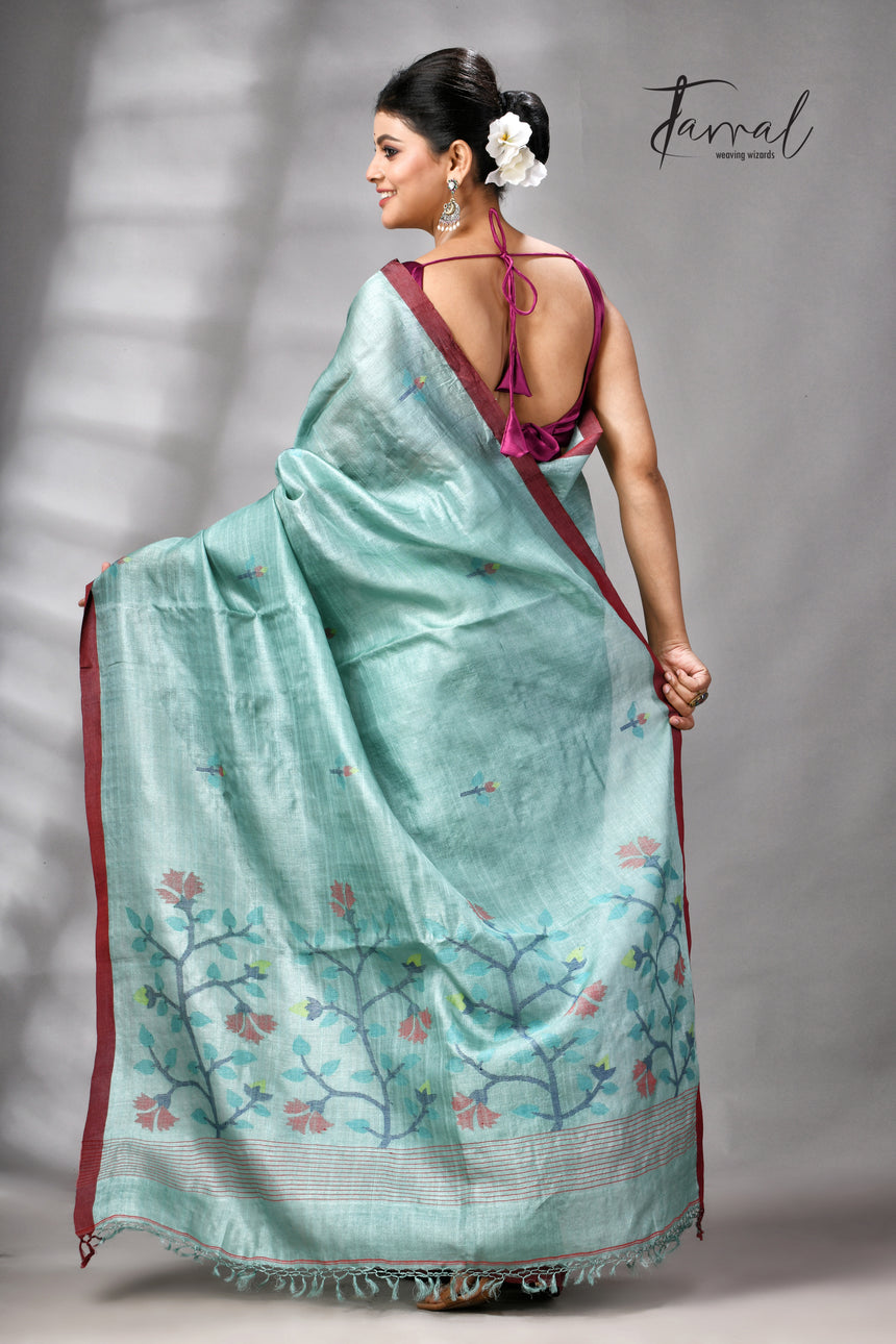 Teal Blue Colour Pure Tussar Silk Handwoven Needle Work Jamdani Saree