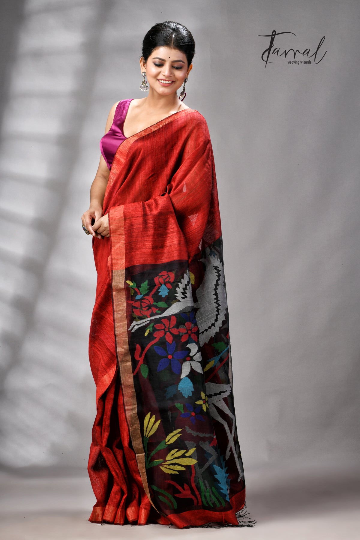 Red Matka Silk Handwoven Jamdani Saree | Floral & Bird Motifs | Silk Mark Certified | Tamal Boutique