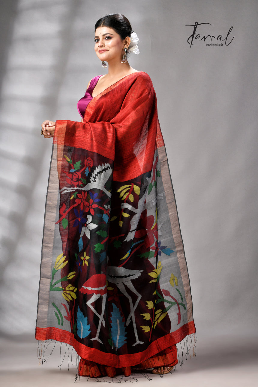 Red matka silk handwoven jamdani saree