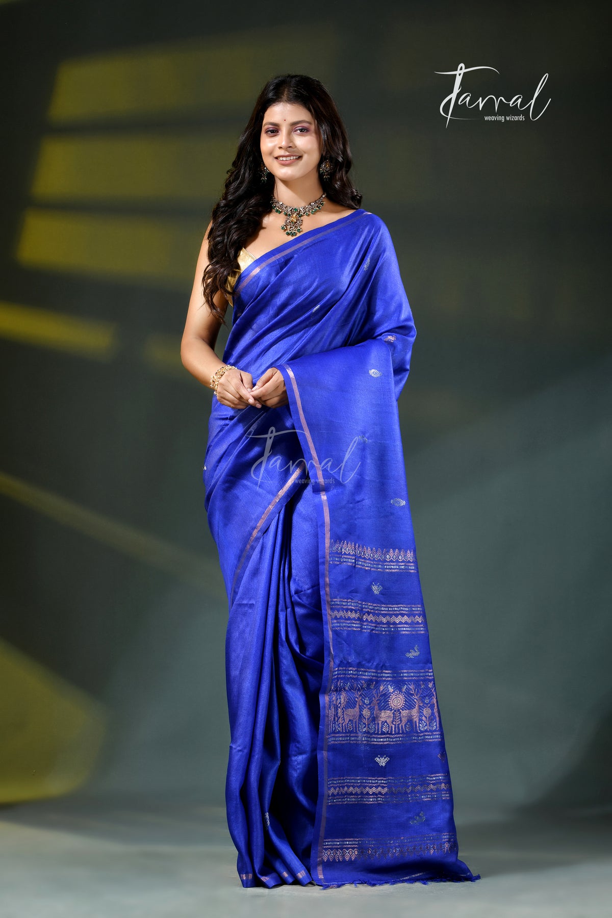Royal blue with golden zari tussar handloom jamdani saree