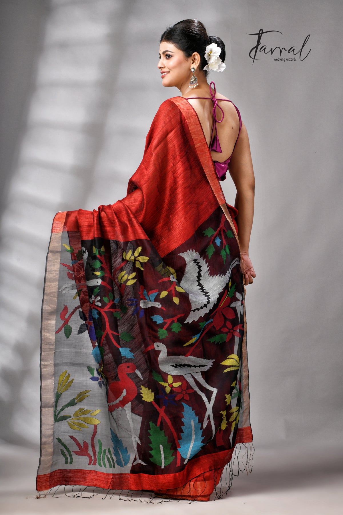 Red Matka Silk Handwoven Jamdani Saree | Floral & Bird Motifs | Silk Mark Certified | Tamal Boutique