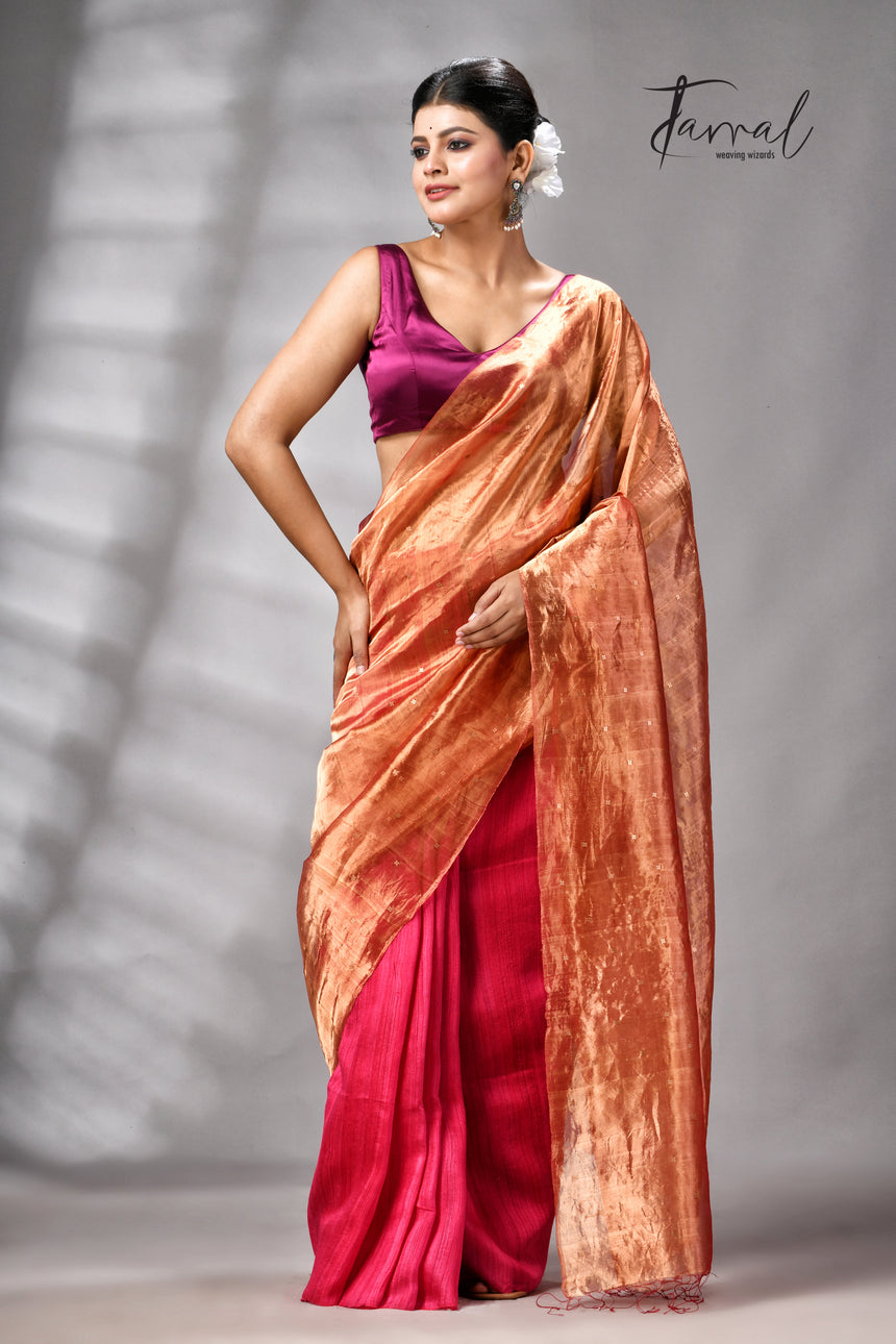 Golden Zari With Rani Colour Half Tissue Sequins & Half Matka Silk Handloom Saree