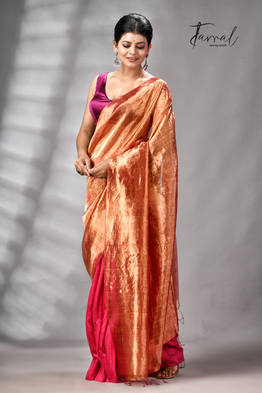 Golden Zari With Rani Colour Half Tissue Sequins & Half Matka Silk Handloom Saree