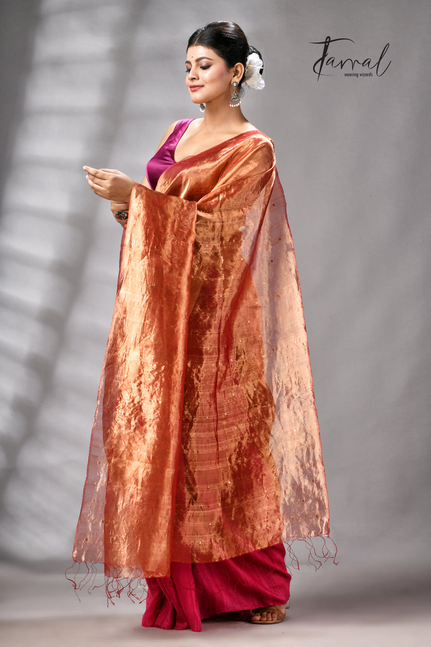 Golden Zari With Rani Colour Half Tissue Sequins & Half Matka Silk Handloom Saree