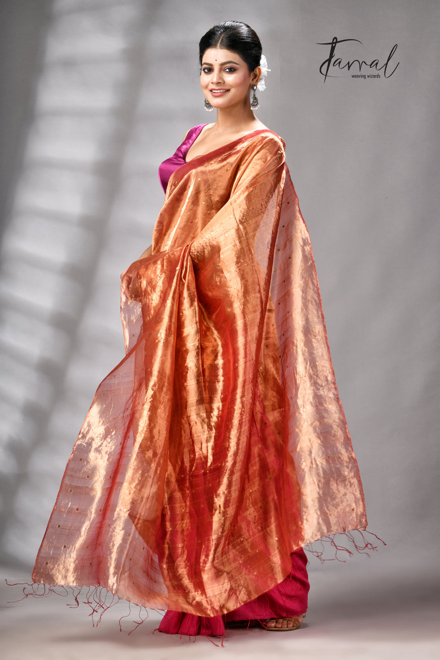 Golden Zari With Rani Colour Half Tissue Sequins & Half Matka Silk Handloom Saree