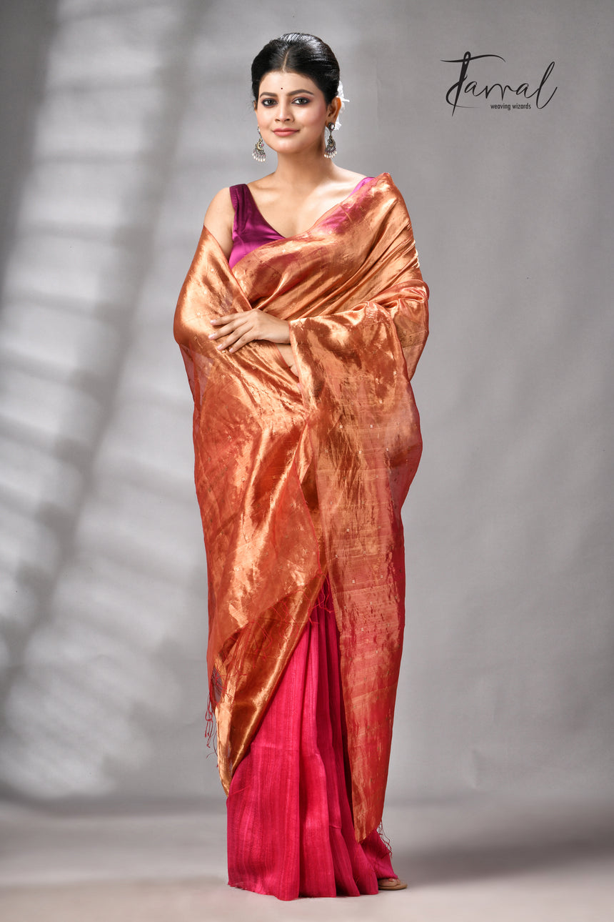 Golden Zari With Rani Colour Half Tissue Sequins & Half Matka Silk Handloom Saree