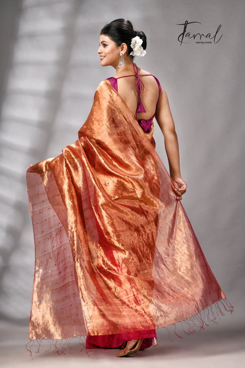 Golden Zari With Rani Colour Half Tissue Sequins & Half Matka Silk Handloom Saree