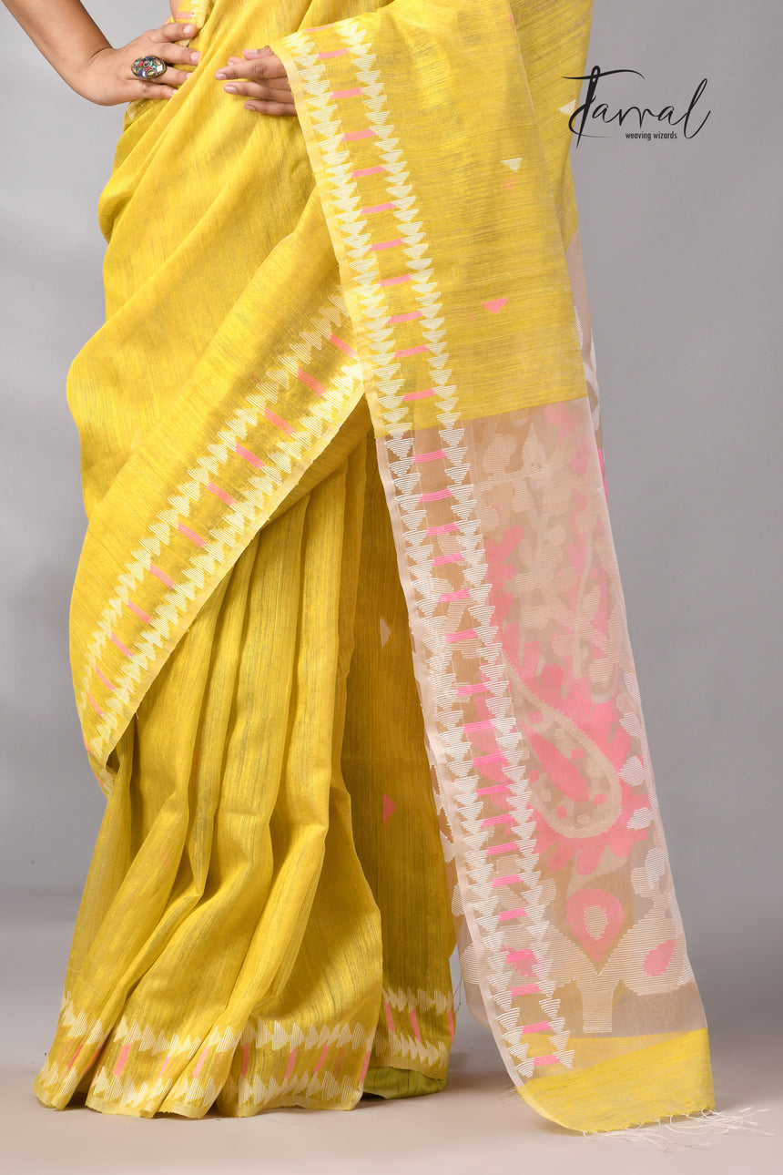 Golden yellow with pink & white kalka motifs matka silk handwoven jamdani saree