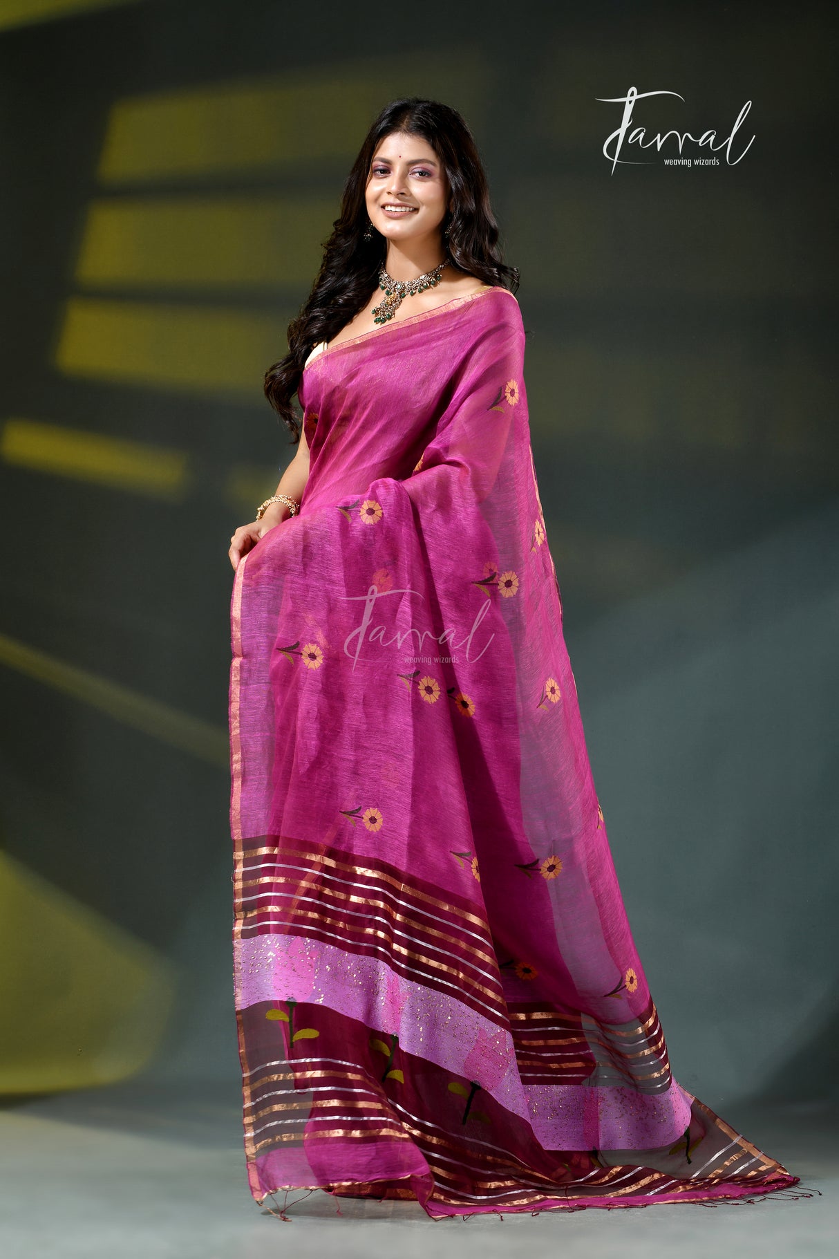 Deep onion pink silk linen handwoven jamdani saree