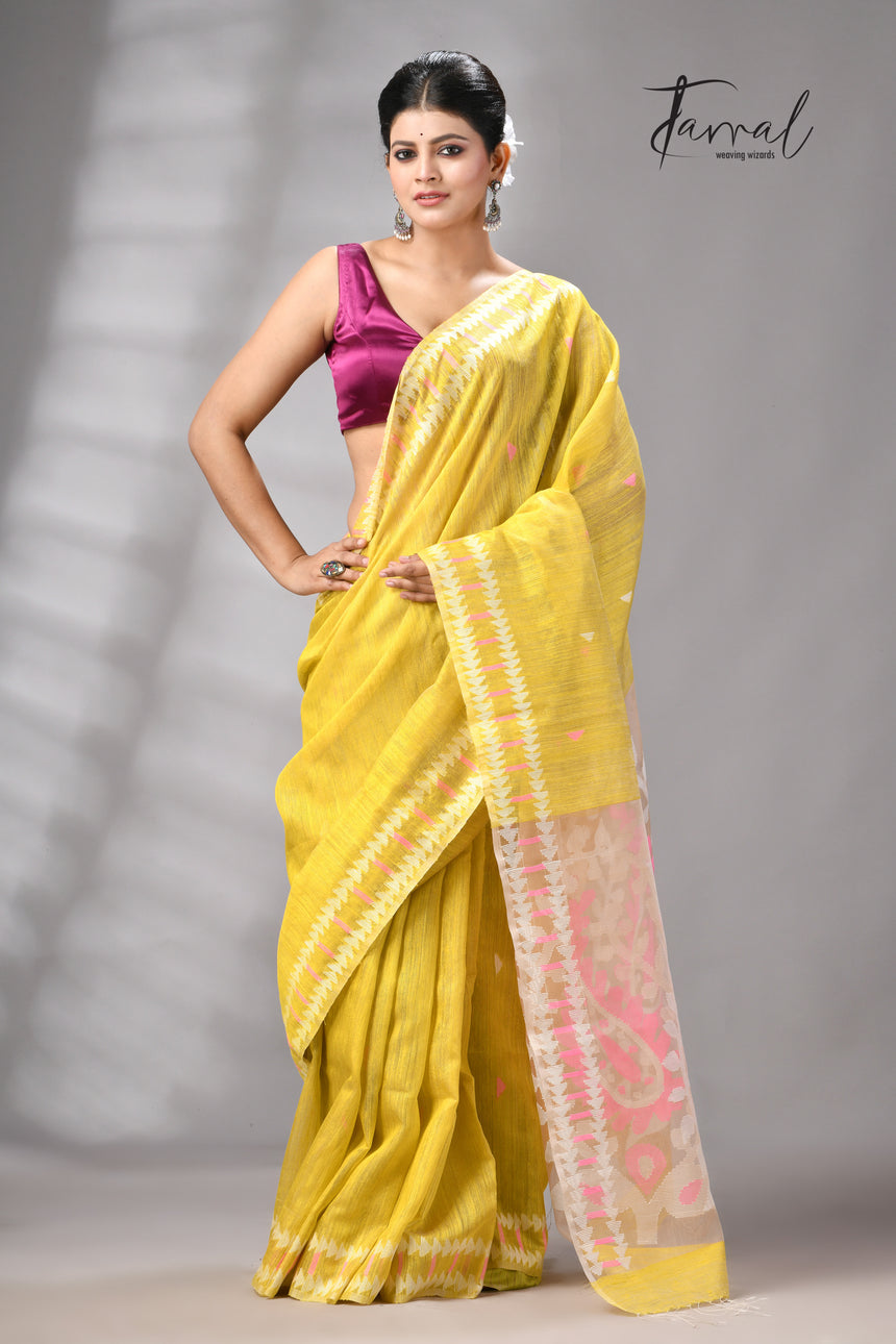 Golden yellow with pink & white kalka motifs matka silk handwoven jamdani saree
