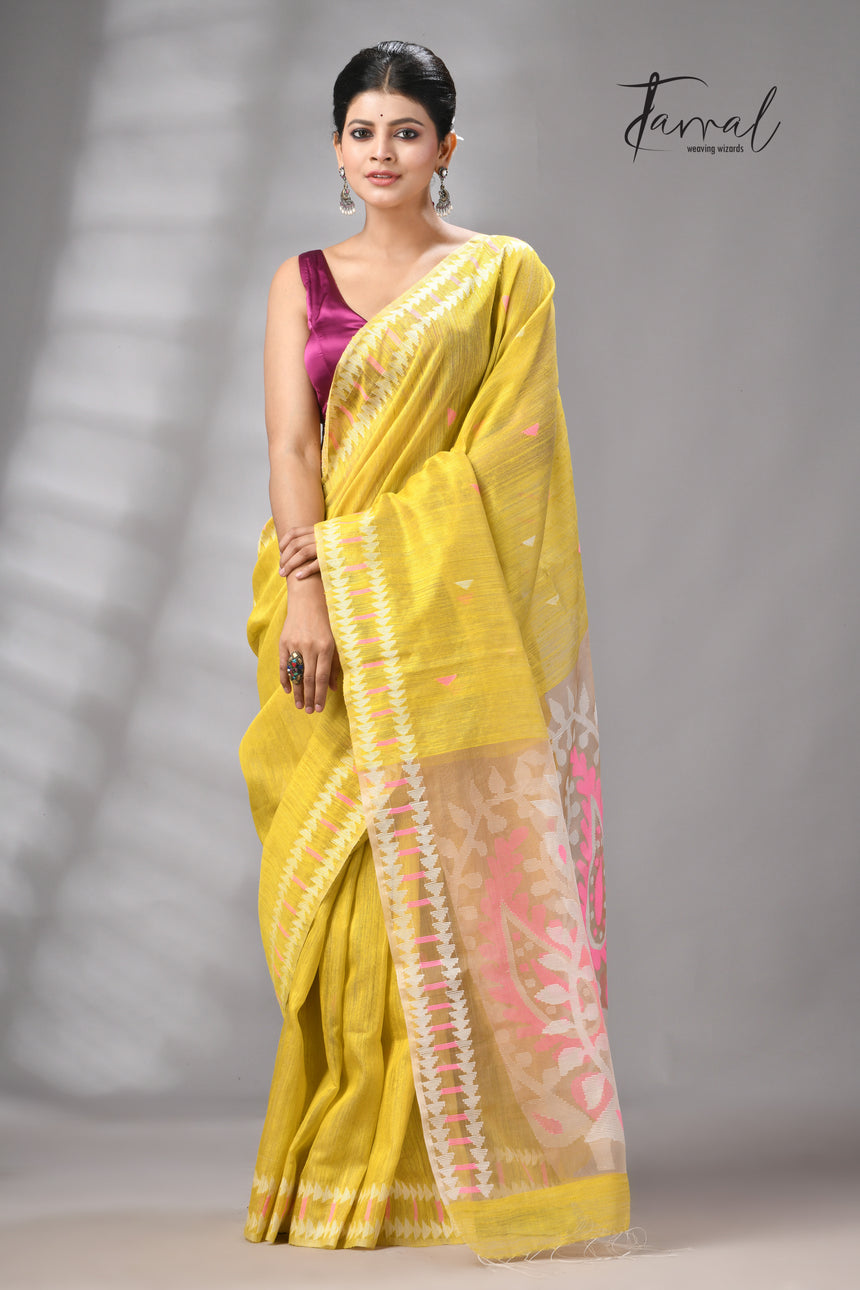 Golden yellow with pink & white kalka motifs matka silk handwoven jamdani saree