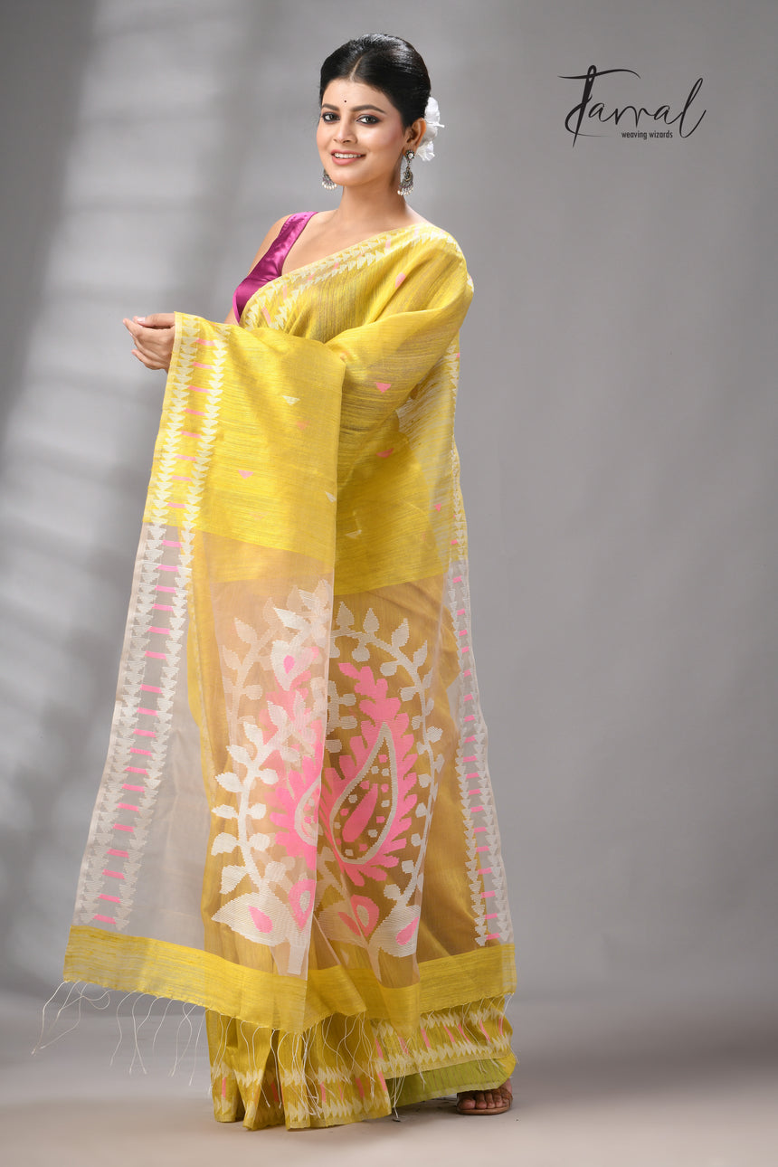 Golden yellow with pink & white kalka motifs matka silk handwoven jamdani saree