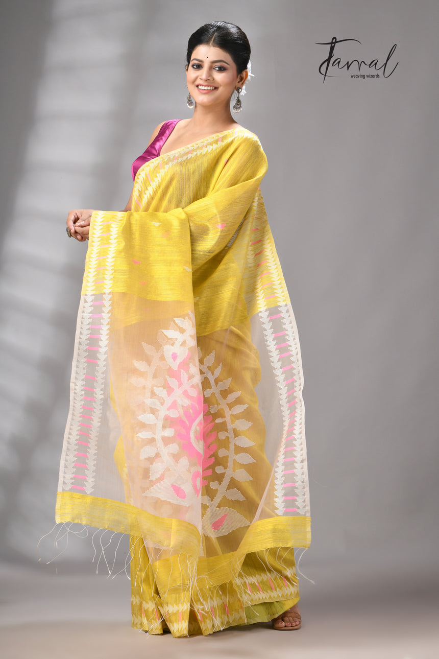 Golden yellow with pink & white kalka motifs matka silk handwoven jamdani saree