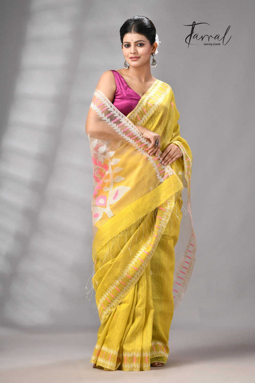 Golden yellow with pink & white kalka motifs matka silk handwoven jamdani saree