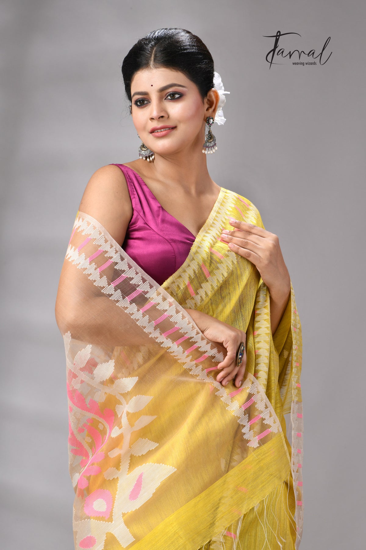 Golden Yellow With Pink & White Kalka Motifs Matka Silk Handwoven Jamdani Saree