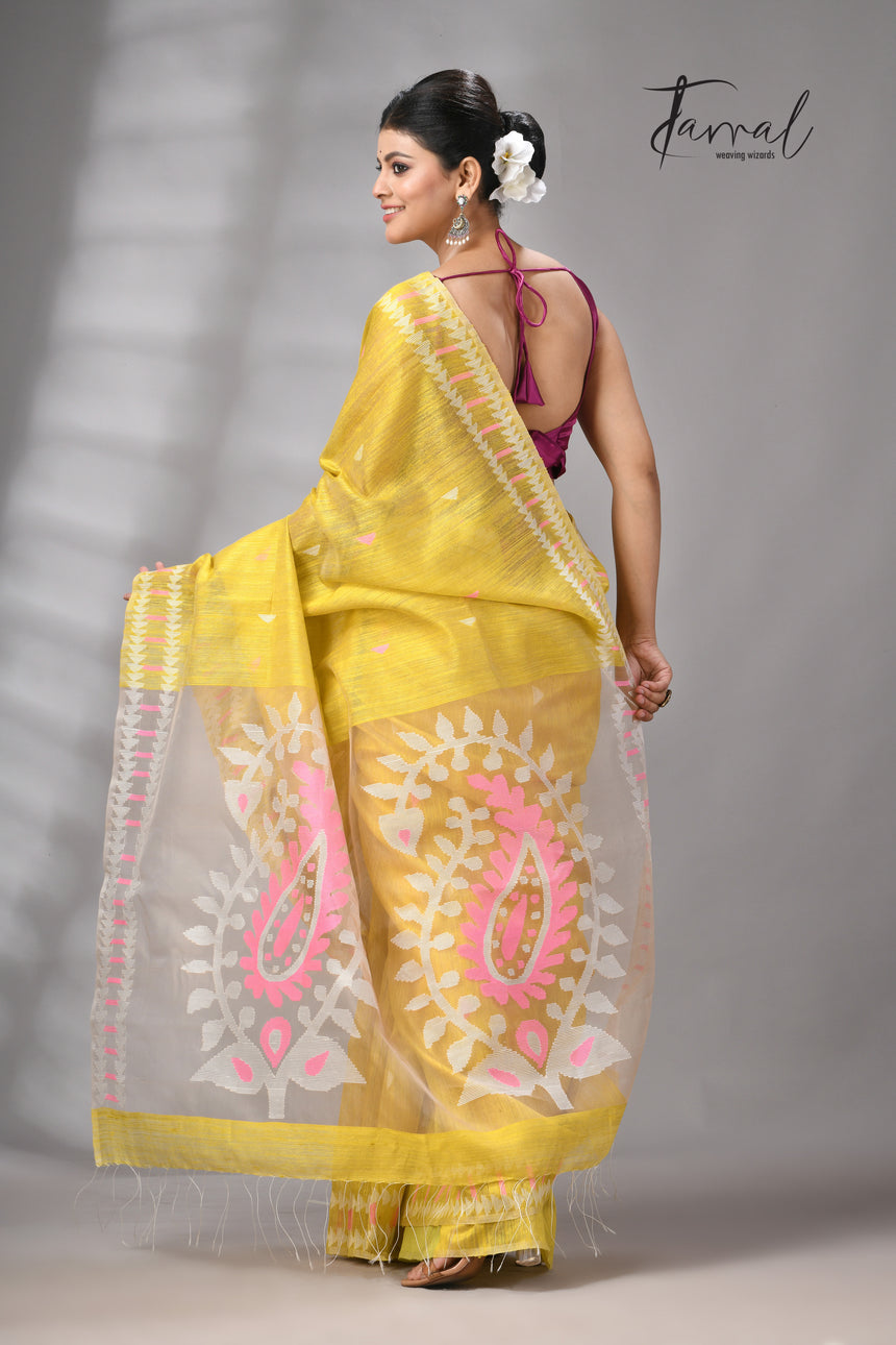 Golden yellow with pink & white kalka motifs matka silk handwoven jamdani saree