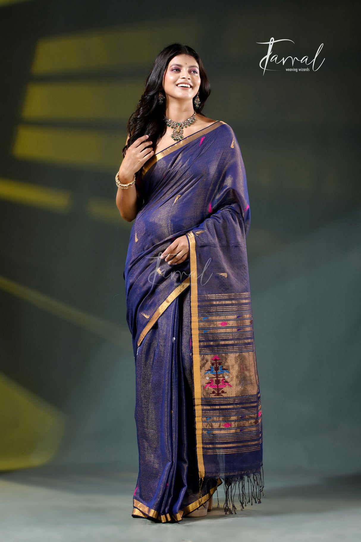 Indigo with golden zari tissue cotton handloom paithani saree