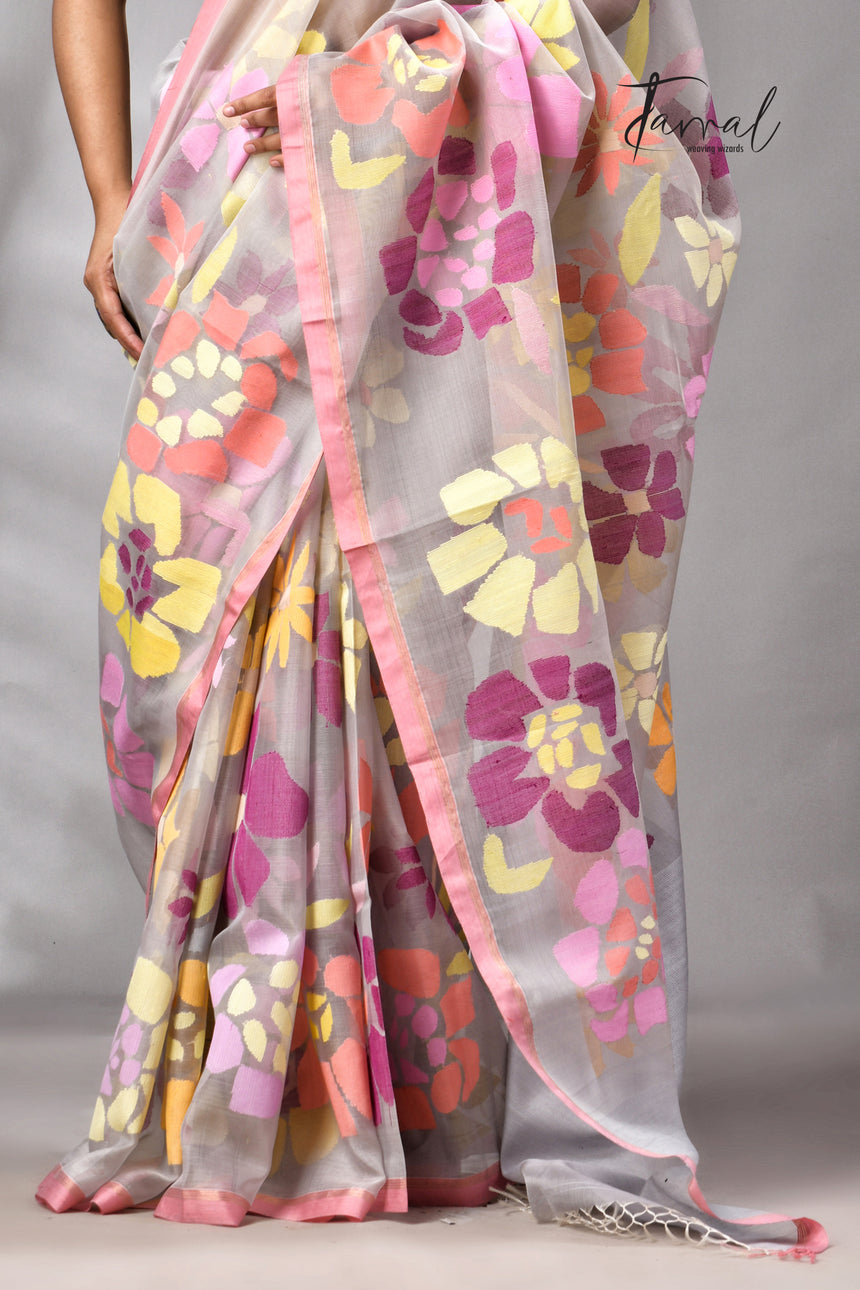 Grey With Dust Pink Border Allover Floral Handwoven Muslin Silk Jamdani Saree