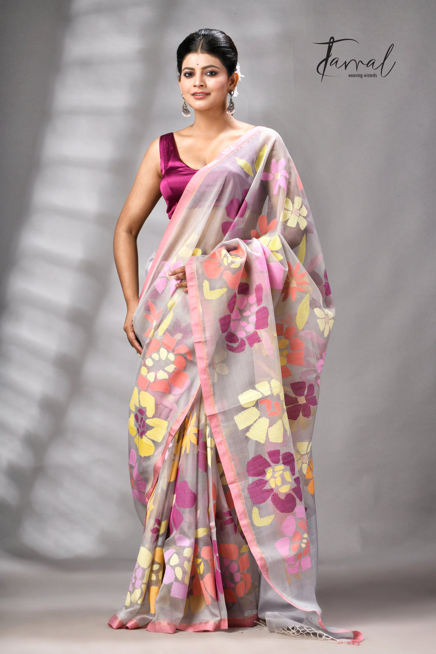 Grey With Dust Pink Border Allover Floral Handwoven Muslin Silk Jamdani Saree