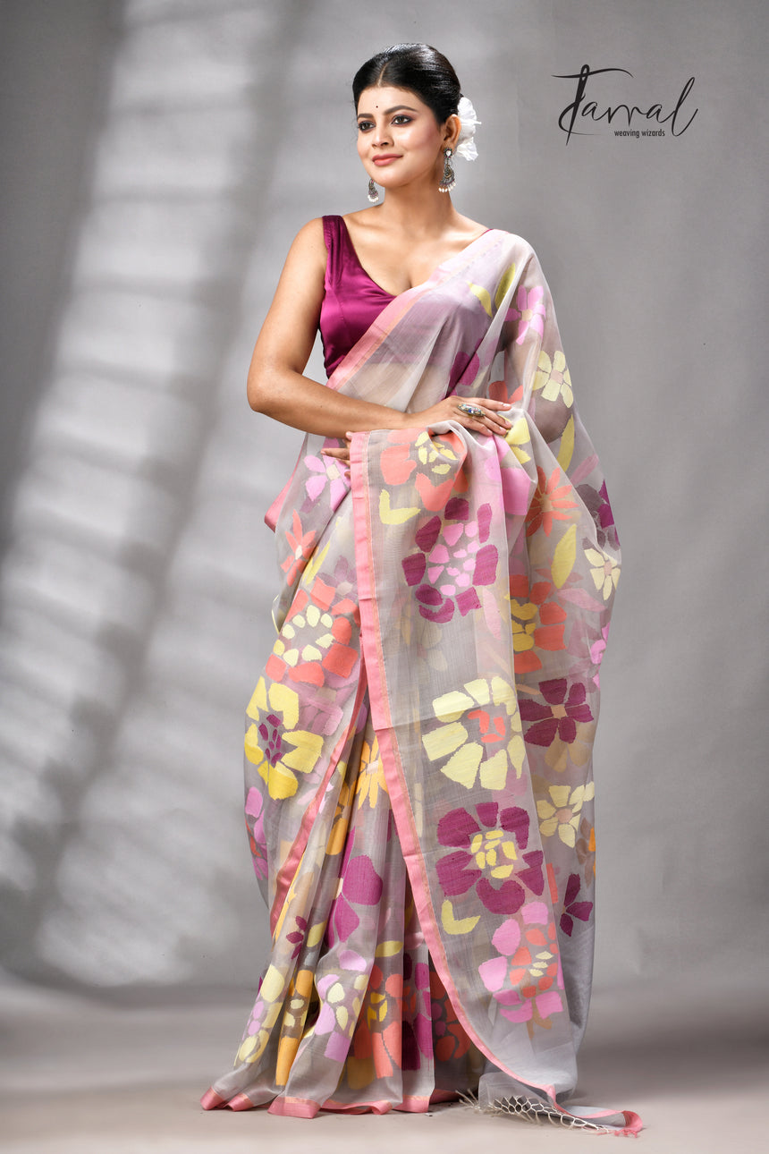 Grey With Dust Pink Border Allover Floral Handwoven Muslin Silk Jamdani Saree
