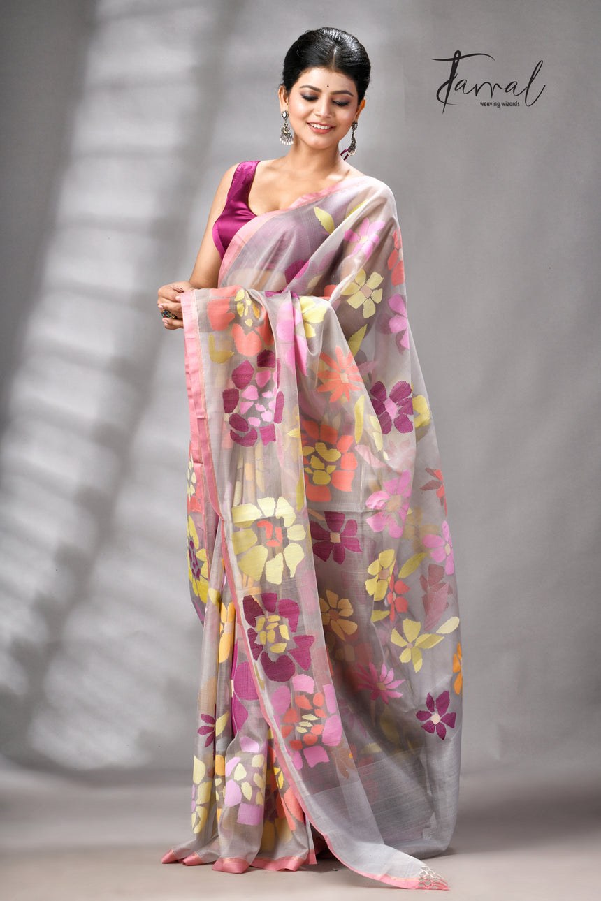 Grey With Dust Pink Border Allover Floral Handwoven Muslin Silk Jamdani Saree