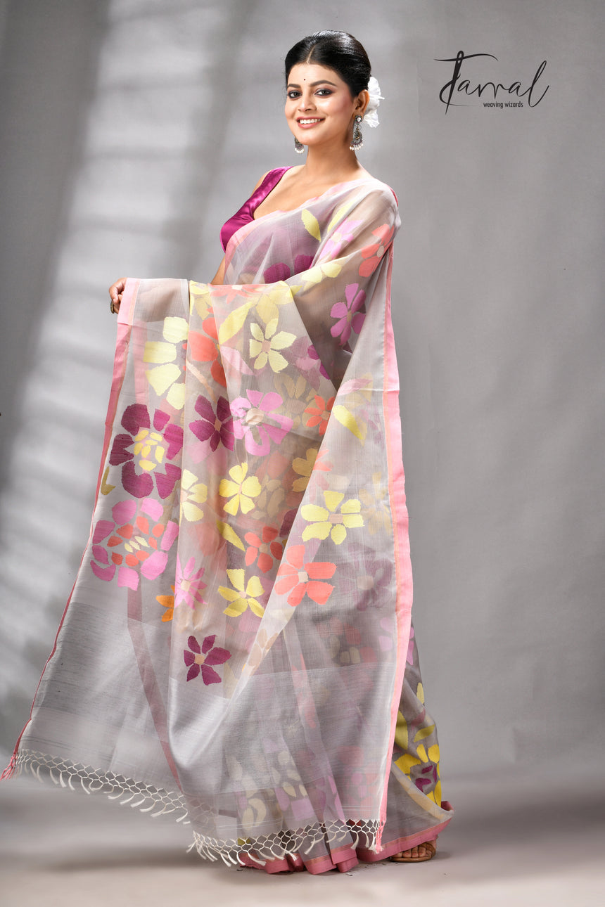 Grey With Dust Pink Border Allover Floral Handwoven Muslin Silk Jamdani Saree