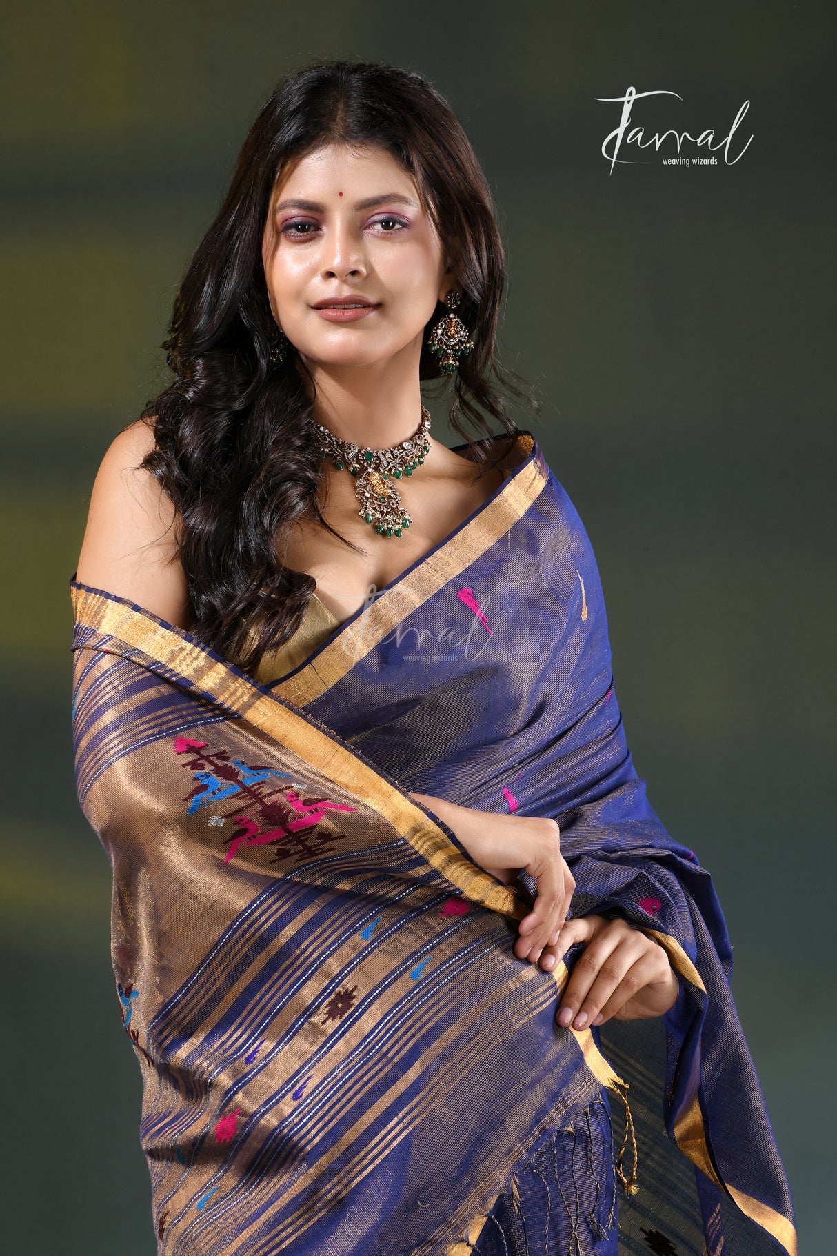Indigo with golden zari tissue cotton handloom paithani saree