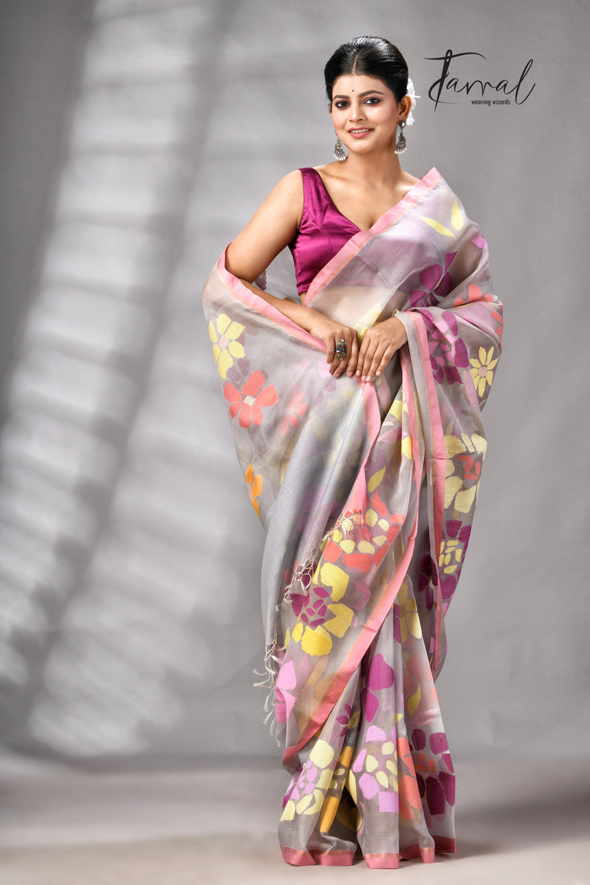 Grey With Dust Pink Border Allover Floral Handwoven Muslin Silk Jamdani Saree