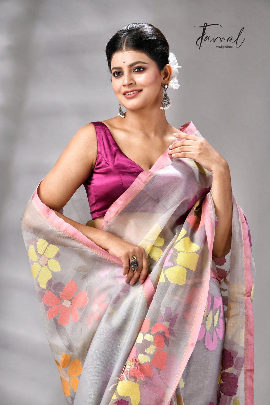 Grey With Dust Pink Border Allover Floral Handwoven Muslin Silk Jamdani Saree