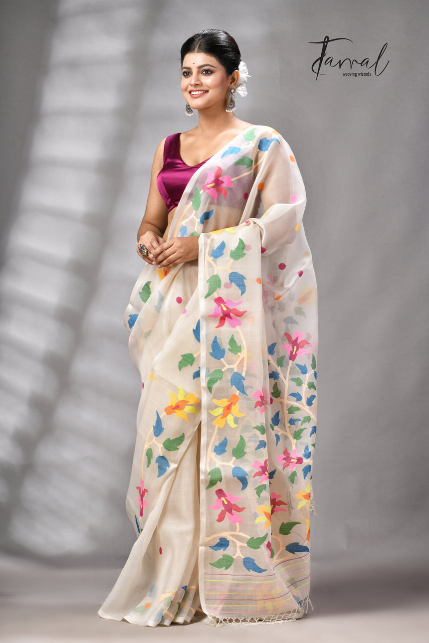 Offwhite With Multicolour Handwoven Jamdani Saree With Floral Border