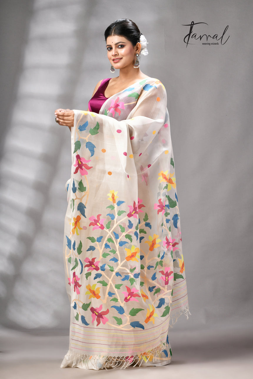 Offwhite With Multicolour Handwoven Jamdani Saree With Floral Border