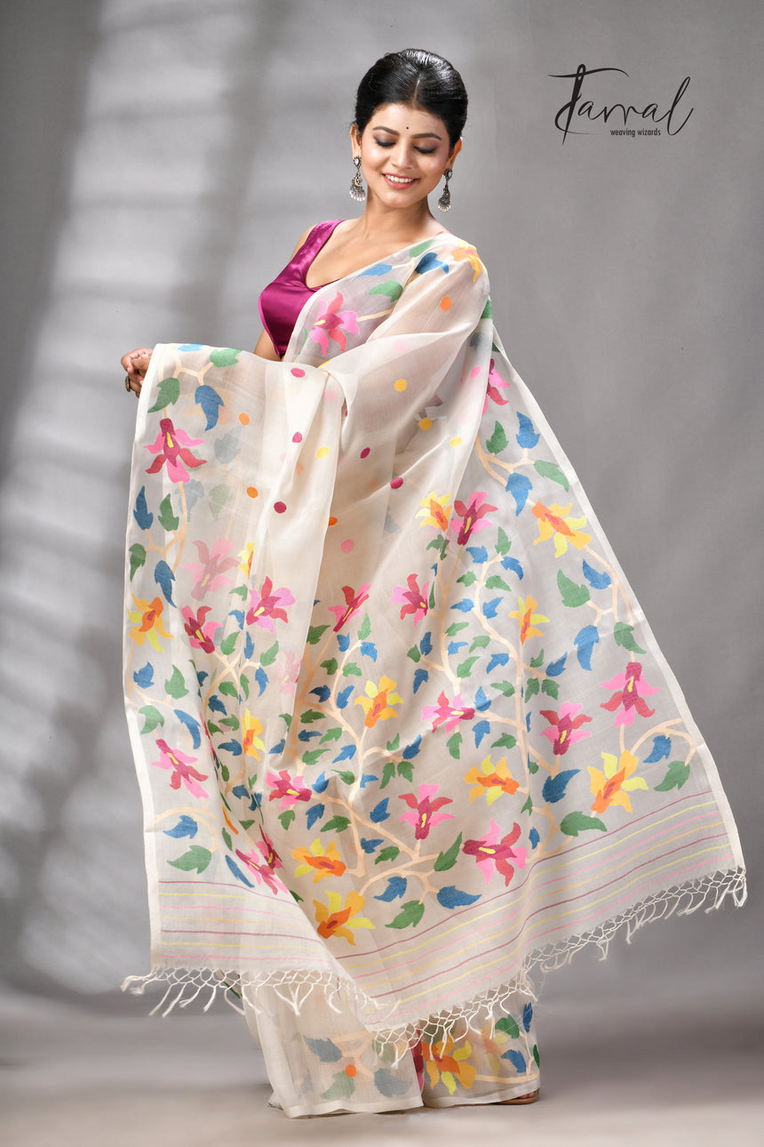 Offwhite With Multicolour Handwoven Jamdani Saree With Floral Border