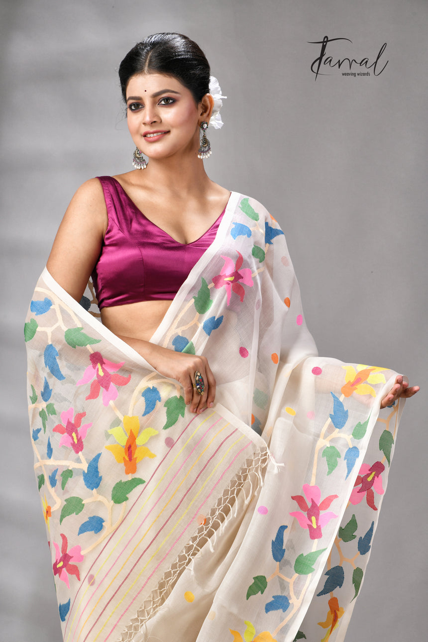 Offwhite With Multicolour Handwoven Jamdani Saree With Floral Border