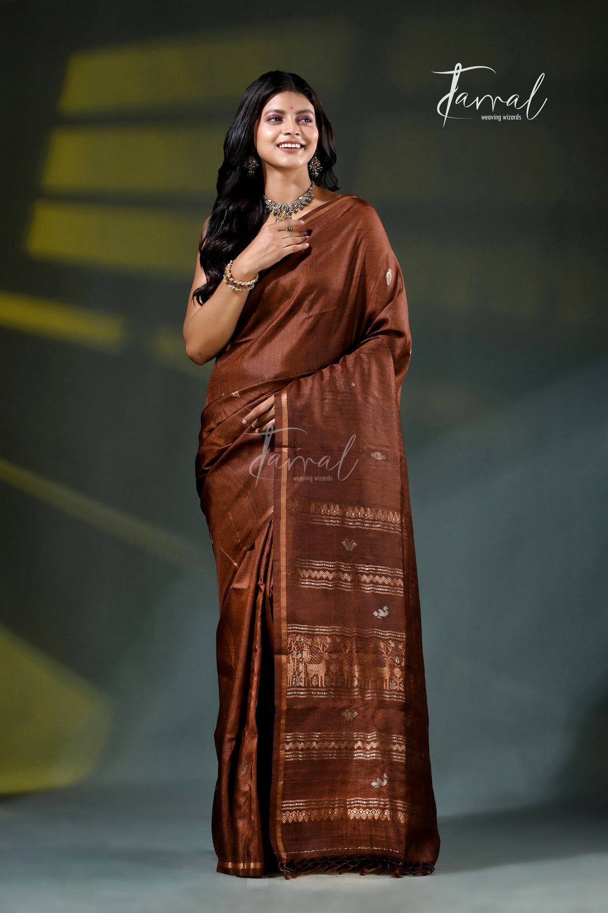 Brown Pure Tussar Silk Handloom Jamdani Saree | Silver & Golden Zari Motifs | Tamal Boutique