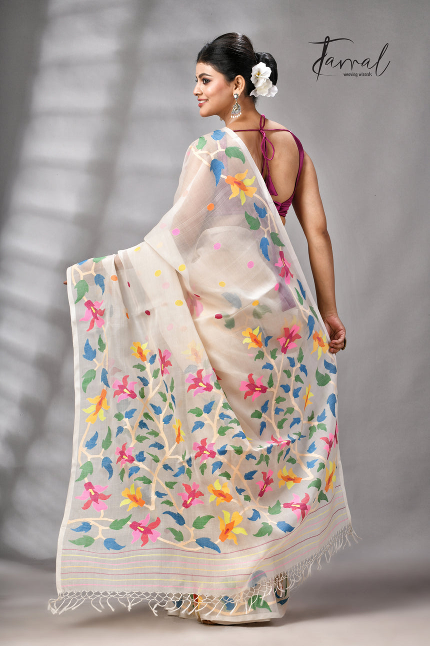 Offwhite With Multicolour Handwoven Jamdani Saree With Floral Border
