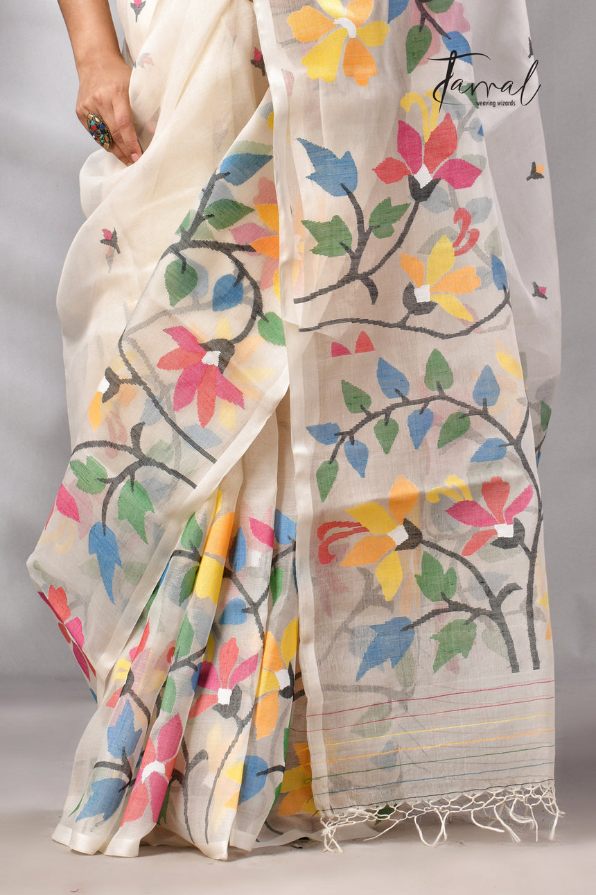 Offwhite With Multicolour Floral Handwoven Jamdani Saree