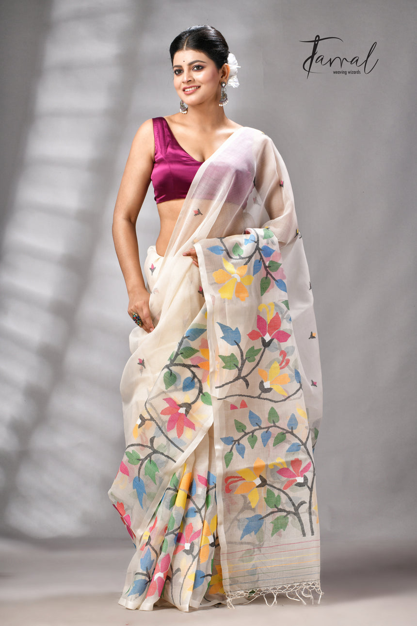 Offwhite With Multicolour Floral Handwoven Jamdani Saree