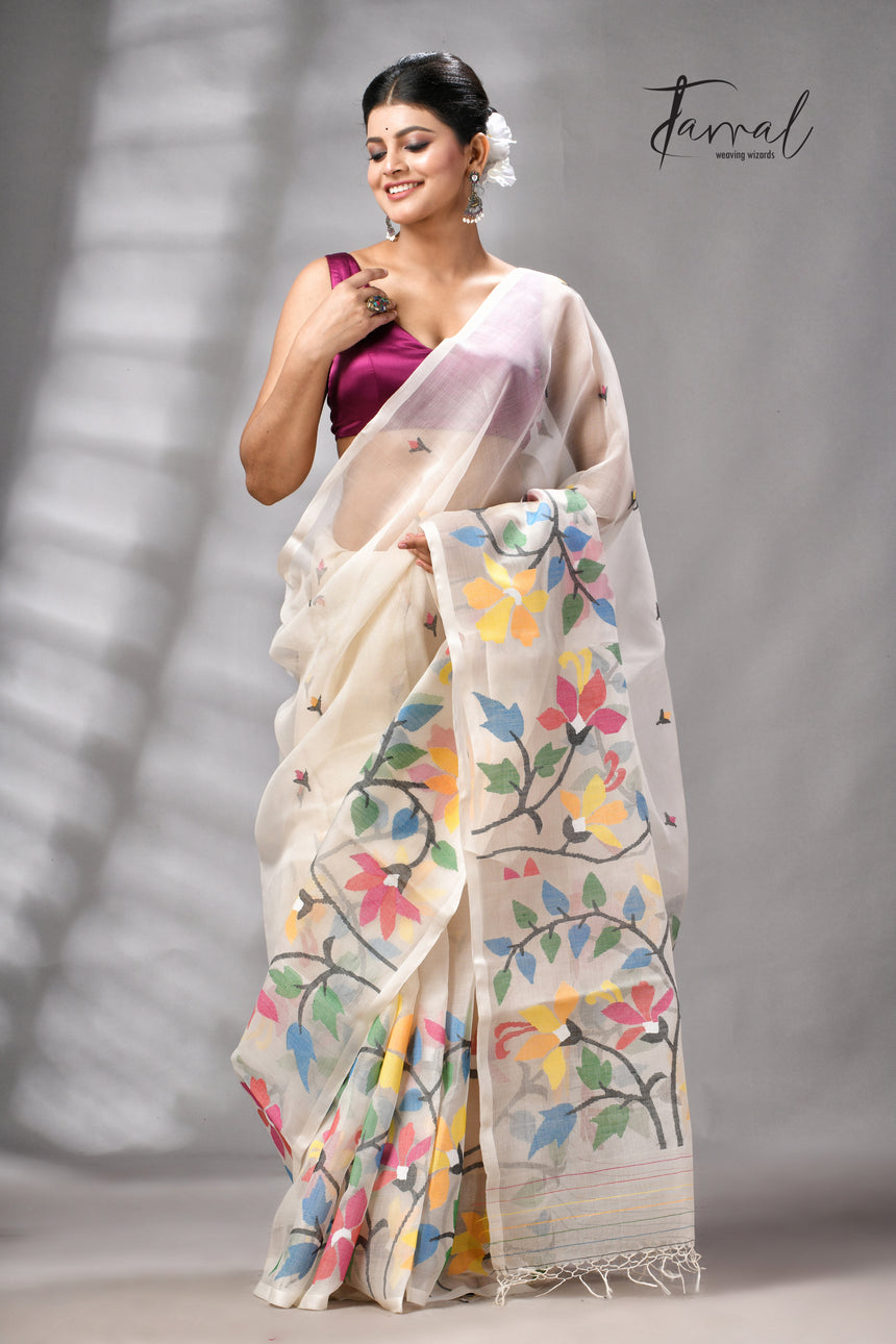 Offwhite With Multicolour Floral Handwoven Jamdani Saree