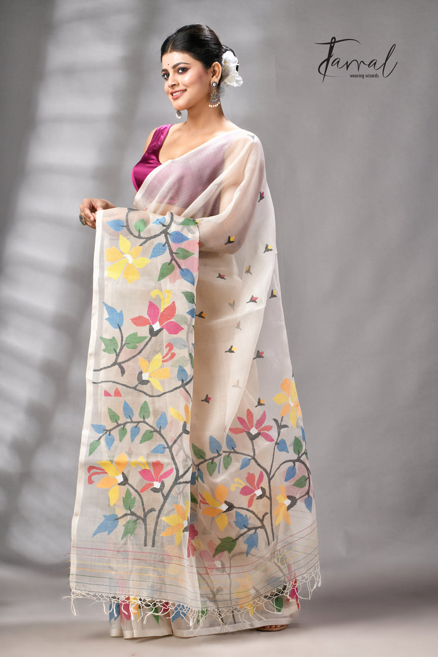 Offwhite With Multicolour Floral Handwoven Jamdani Saree