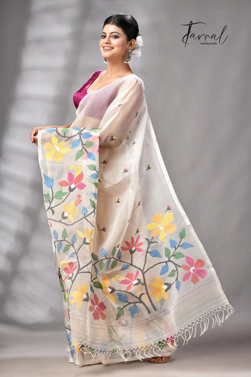 Offwhite With Multicolour Floral Handwoven Jamdani Saree