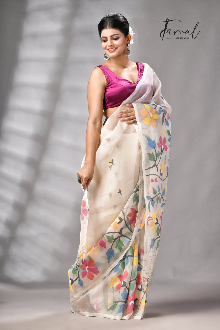 Offwhite With Multicolour Floral Handwoven Jamdani Saree