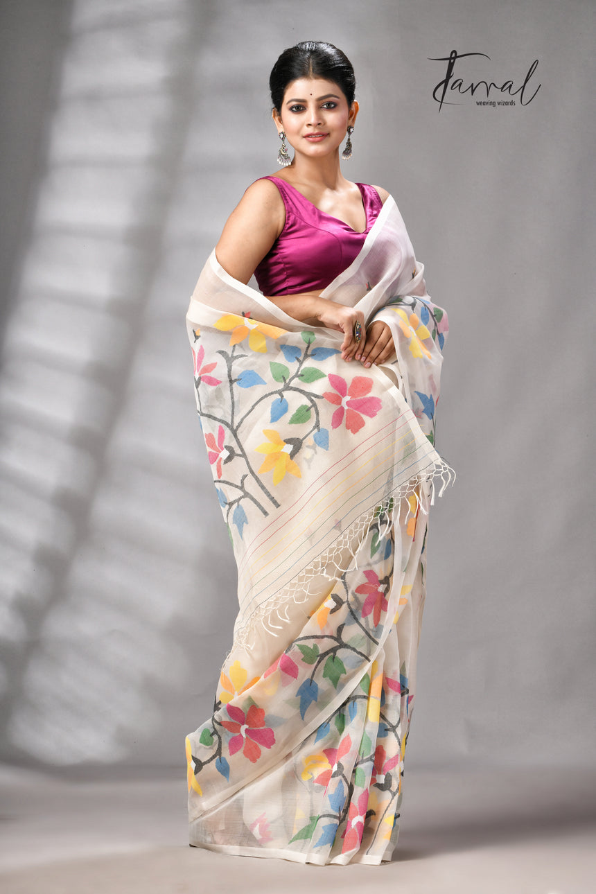 Offwhite With Multicolour Floral Handwoven Jamdani Saree