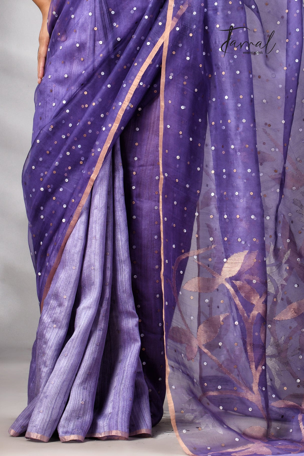 Dark Lavender Half Muslin & Half Matka Silk Handwoven Jamdani With Sequins Work Saree