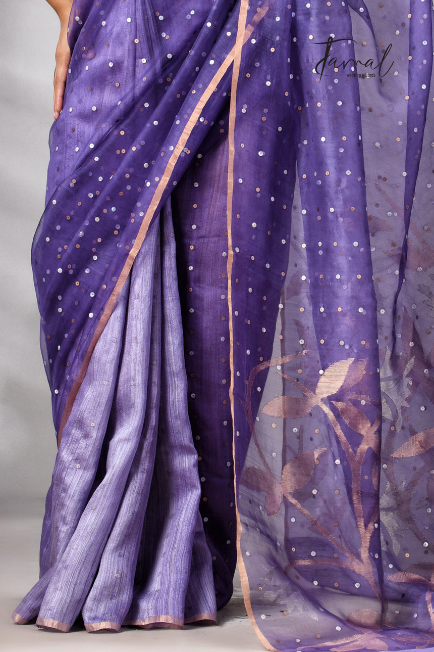 Dark Lavender Half Muslin & Half Matka Silk Handwoven Jamdani With Sequins Work Saree